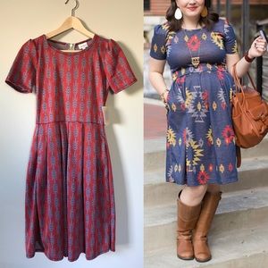 Lularoe Amelia Pleated Dress Red Blue Arrow Print